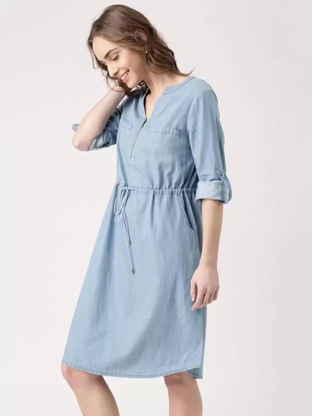 Women Cinched Waist Blue Dress