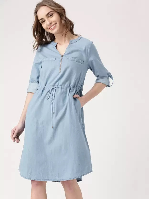 Women Cinched Waist Blue Dress